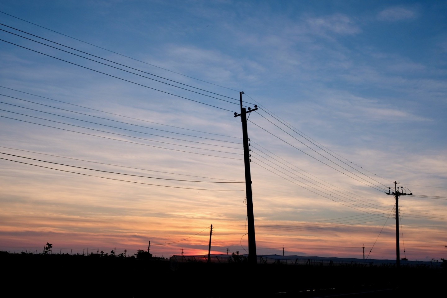 夕陽下的電線桿剪影